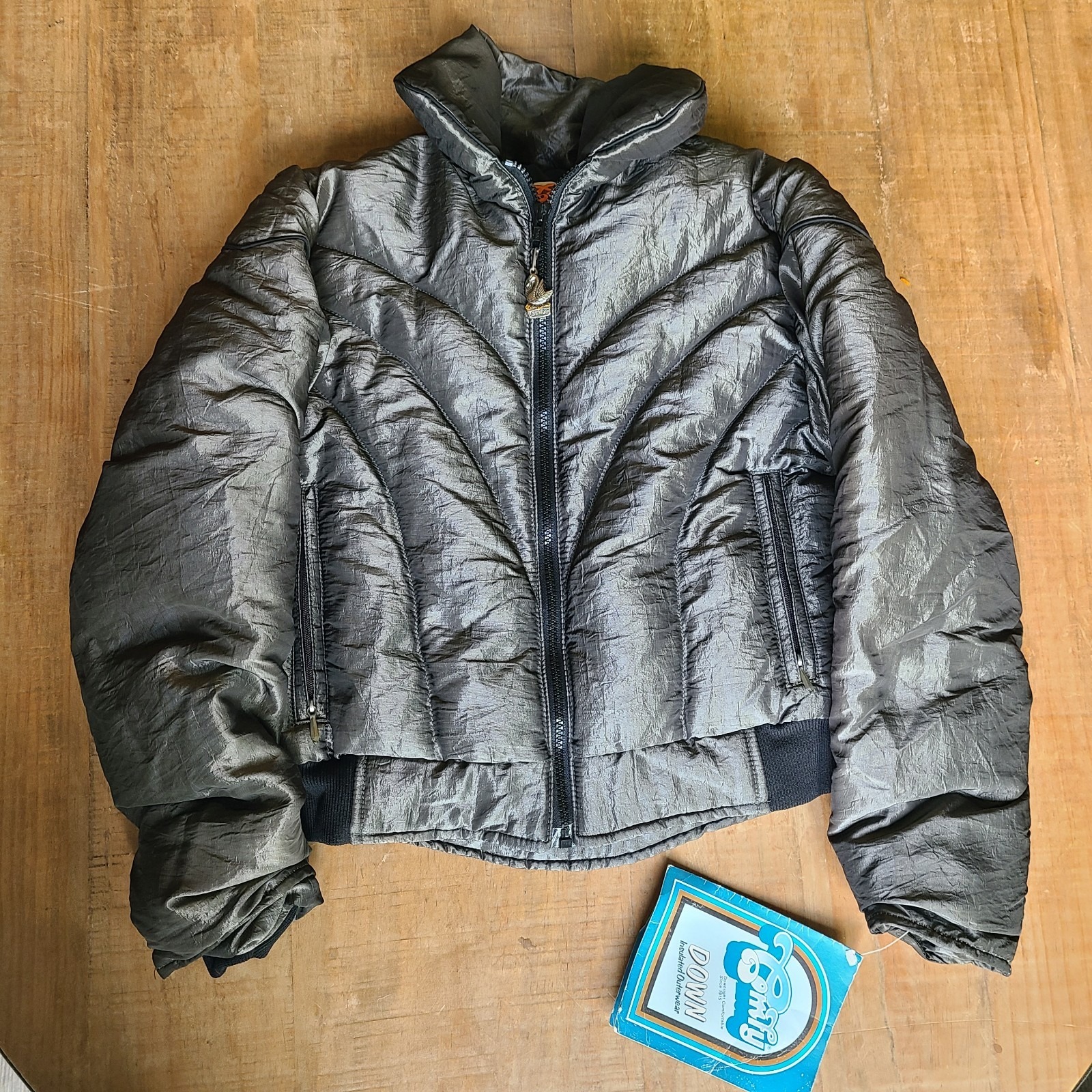 Vntg 1985 Womens Comfy Down Jacket Small Grey Metallic Puffer Full Zip Ski New